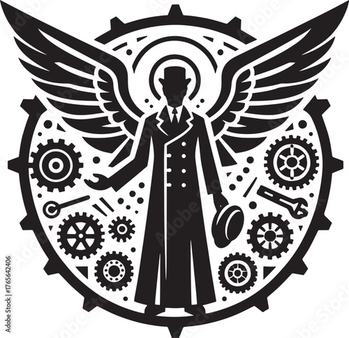 Intricate Steampunk Angel Design with Gears and Wings, Symbolic