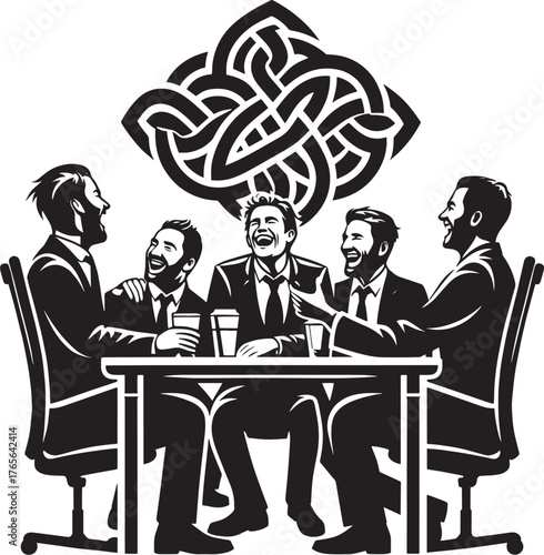 Five men in suits laughing at a table, friendship and celebratio