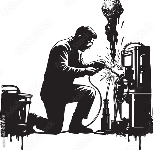 Illustrative Silhouette of a Welder at Work with Protective Gear