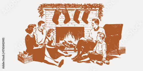 Retro ink sketchy brown vintage illustration of family sitting near fireplace with Christmas stockings and warm festive atmosphere.