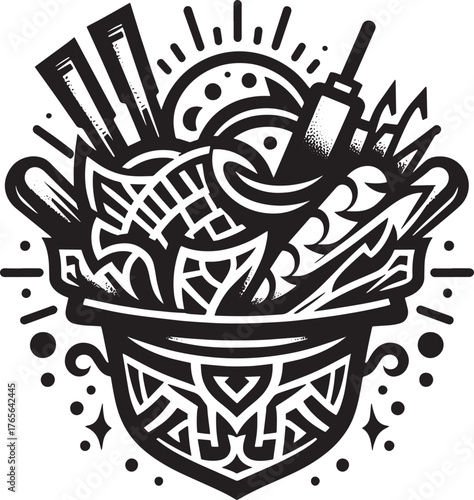 Intricate Black and White Illustration of a Delicious Bowl of Ra