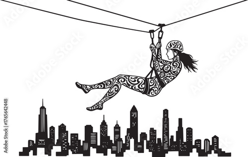 Woman zip-lining above the city skyline, adventurous lifestyle a
