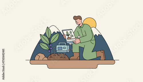 Farmer kneeling in a field using a tablet and smart sensor to monitor plant growth, showcasing precision agriculture, sustainability and agritech innovation with mountains and sun behind