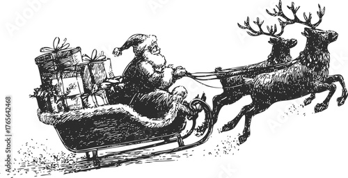 Detailed vintage engraving of Santa Claus riding sleigh with reindeer and gifts. Sketchy pencil retro Christmas artwork for holiday design.