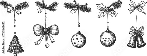 Hand drawn Christmas baubles and bells with pine and holly branches. Vintage holiday ornament ink sketchy illustration in engraving style.