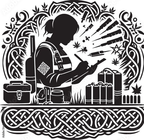 Silhouette Illustration Depicting a Woman Analyzing Weapons, Exp