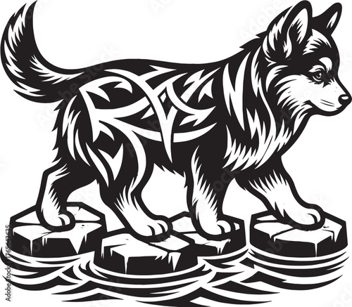 Black and white vector illustration of a stylized husky dog stan