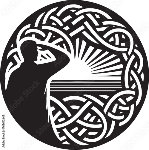 Silhouette of a person gazing at the sunrise within an intricate