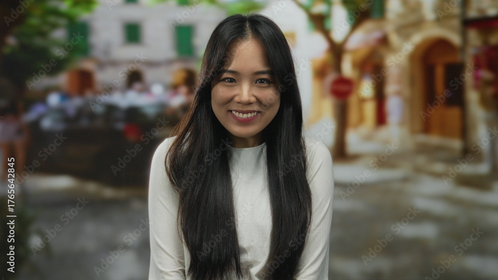 Fototapeta premium Young chinese woman smiling in a charming outdoor street setting with blurred urban scenery and people in background suggesting a vibrant city atmosphere.