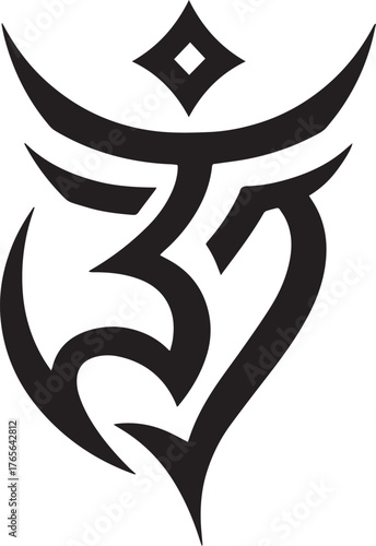 Elegant symbol of 'Om' or 'Aum' in abstract tribal style on whit