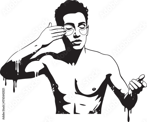 Artistic monochrome illustration of a man applying eye patches i