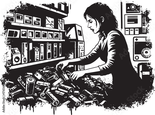 Monochromatic illustration of woman sorting through a pile of ba