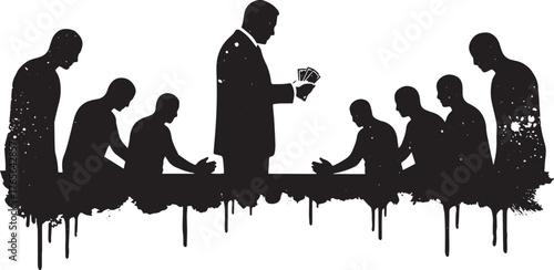 Systemic corruption depicted by shadowy figures and dripping ink