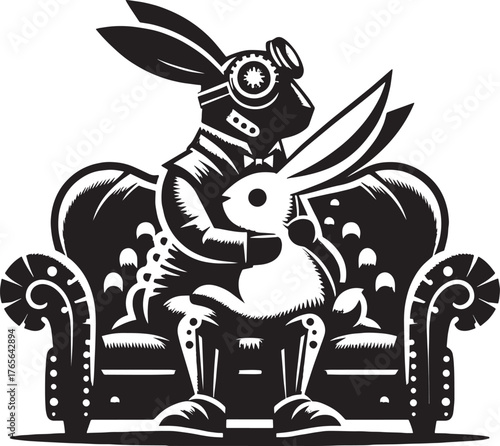 Steampunk Rabbit Holding a Smaller Rabbit on an Ornate Sofa, Bla