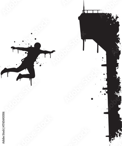 Silhouetted man base jumping from a high structure with dripping
