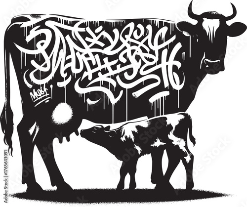 Artistic black and white cow illustration with calf, graffiti st
