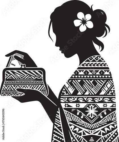Silhouette of a woman with a flower in her hair looking at a pur
