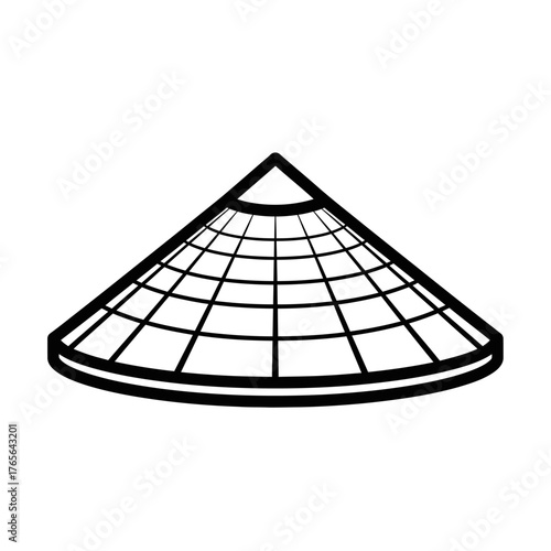 A black and white line art illustration of a traditional Asian conical hat, isolated on a white background.
