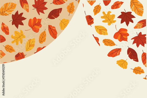Vector template autumn greeting card with flat design featuring warm earthy tones such as olive green, terracotta, and golden yellow