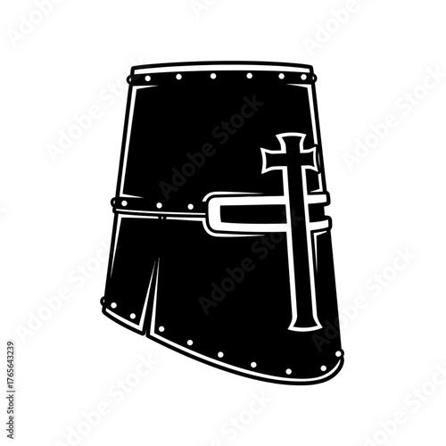 Black and white illustration of a crusader helmet with cross.