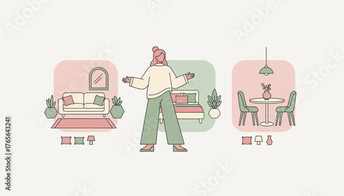 Woman standing between three room layouts, showcasing living room, bedroom, and dining area options, representing interior design and home decoration choices