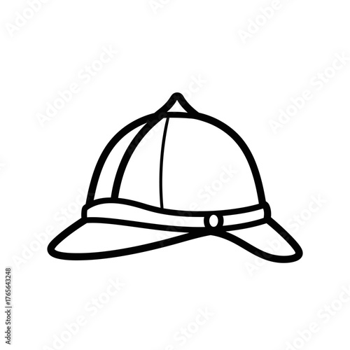 Black and white line art illustration of a pith helmet, a sun helmet.