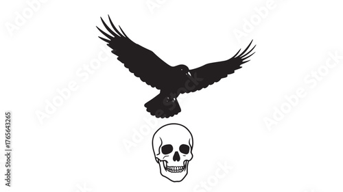 Raven flying above a skull vector illustration isolated on white background