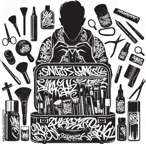 Stylized silhouette of a makeup artist with tools and case, blac