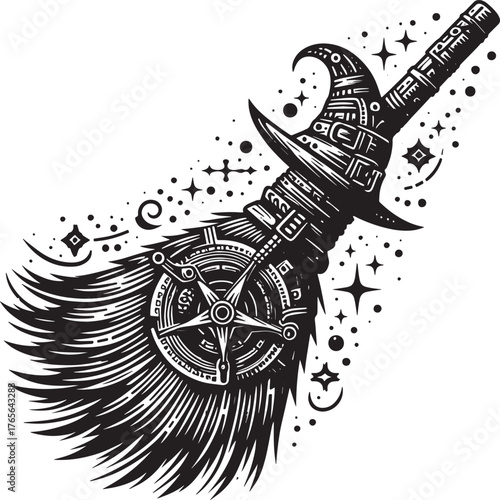 Detailed Black and White Illustration of a Witch's Broomstick wi