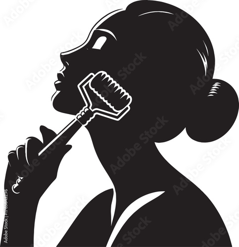 Silhouette of a woman using a facial roller for skincare and bea