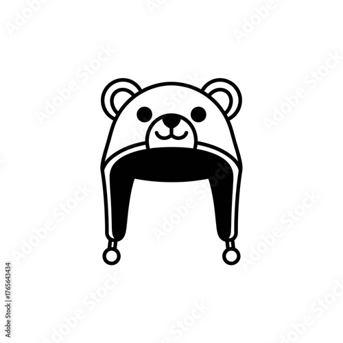 A simple black and white line art icon of a cute bear winter hat with ear flaps.