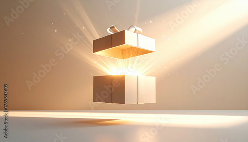 Glowing gift box with ribbon emits radiant light, creating magical and festive atmosphere