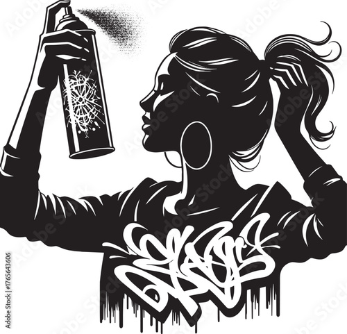 Silhouette of a woman spraying graffiti, artistic urban art, bla