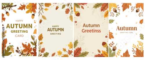 Set Vector template autumn greeting card with flat design featuring warm earthy tones such as olive green, terracotta, and golden yellow
