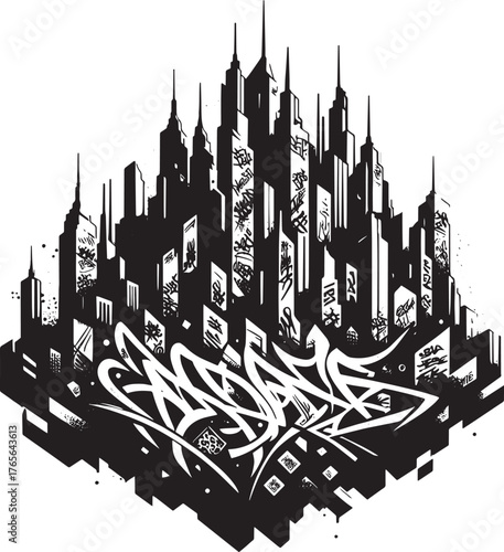 Black and White Urban Cityscape with Graffiti Art in a Modern an