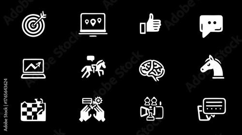 Set of business strategy, marketing, and communication icons. Digital technology, analytics, teamwork, and problem-solving concepts.