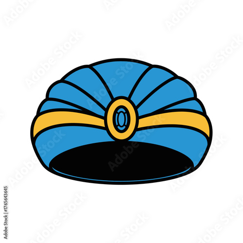 Cartoon illustration of a blue turban with a yellow band and an oval jewel, often associated with Middle Eastern or Indian culture.