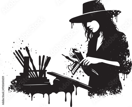 Monochrome depiction of a woman artist sharpening her tools with