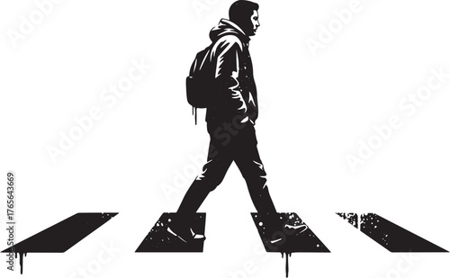 Stylized monochrome illustration of a pedestrian crossing the st