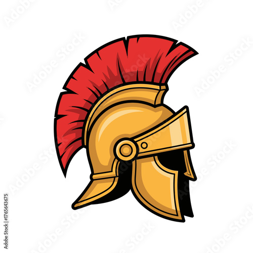 Illustration of a golden Spartan helmet with a red plume on a white background.