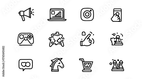 Modern Outline Icons Set: Digital Marketing, Social Media, E-commerce, Gaming, Business Strategy. Technology and Communication Line Art.
