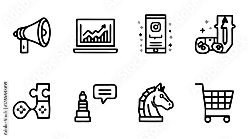 Business and marketing line icons set with strategy, e-commerce, analytics, social media, and financial growth symbols