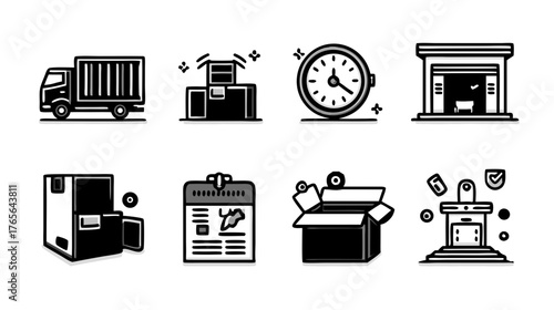 Logistics and Delivery Service Icons: Shipping Truck, Warehouse, Package Tracking, Time, E-commerce, Supply Chain Management Vector Set