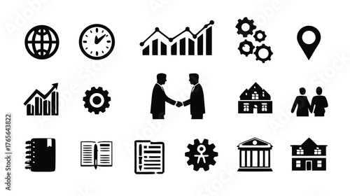 Comprehensive business vector icon set for management, finance, strategy, time, growth, success, and partnership concepts.