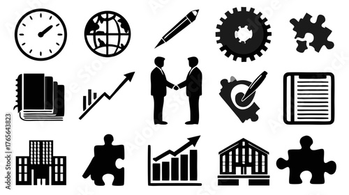 Comprehensive set of business, finance, management, and corporate icons representing growth, partnership, strategy, time, and global success.