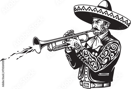 Monochromatic mariachi musician blowing trumpet with abstract so