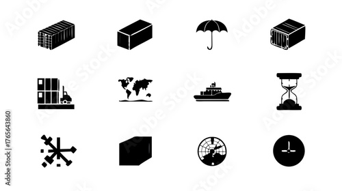 Logistics and Shipping Vector Icons Set: Global Supply Chain, Cargo Transportation, Delivery, Protection, and Cold Chain Management