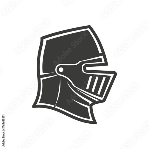 A stylized, dark gray, medieval knight's helmet seen from the side, with a white outline.