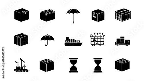 Logistics and Shipping Icons Set. Delivery, Transportation, Supply Chain, Package, Cargo, and Time Silhouettes