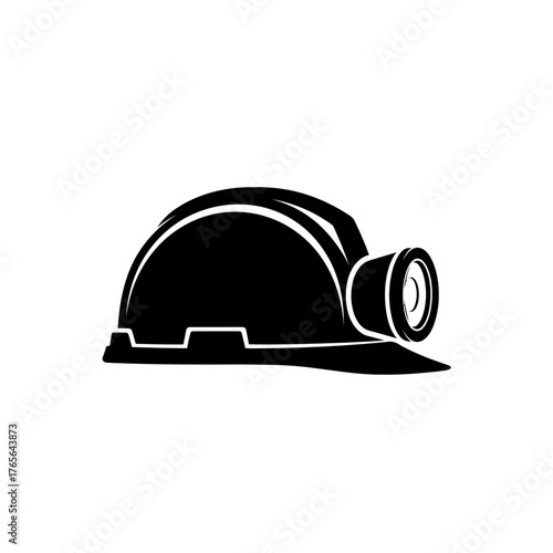 Black and white illustration of a hard hat with a light attached to the side.